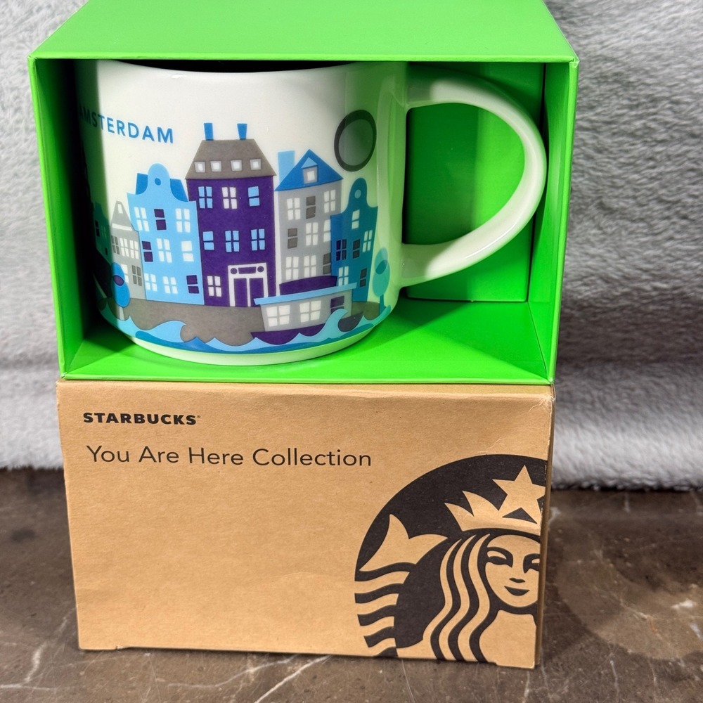 Starbucks Amsterdam Mug You Are Here Collection 14oz White Blue City Souvenir